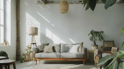 Bright living room with cozy white sofa, indoor plants, large windows, natural light, minimalist decor, modern Scandinavian design
