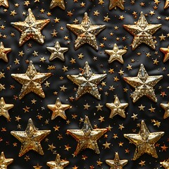 textured gold stars set against a dark background, creating a striking contrast. The shiny metallic stars in various sizes exude a luxurious and festive atmosphere.