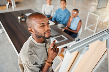 Businessman, thinking and whiteboard for workshop, training and planning or discussion. Presentation, meeting and collaboration for creative growth, company project and copywriter research goals