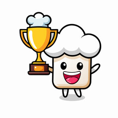 Cartoon Illustration of chef hat is happy holding up the golden trophy , cute style design (2)