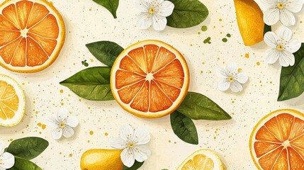 Aufkleber - Citrus slices, including oranges and lemons, are surrounded by green leaves and white flowers on a cheerful yellow backdrop