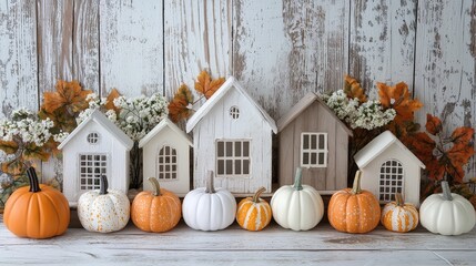 Poster - A charming arrangement of small wooden houses and colorful pumpkins captures the essence of autumn and seasonal decor