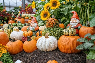 Poster - A variety of pumpkins and gourds are arranged with charming garden gnomes amidst blooming sunflowers in a lively greenhouse setting