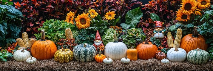 Poster - Colorful pumpkins and gourds are arranged among sunflowers and greenery, creating a festive autumn atmosphere in a garden