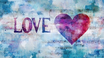 Aufkleber - A vibrant piece of art features the word love prominently alongside a heart, set against a textured background filled with musical notes and splashes of color