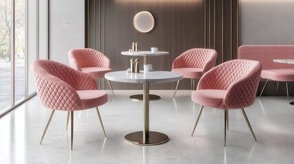 Sticker - The cozy café showcases chic pink chairs and marble tables, all arranged to create a welcoming atmosphere perfect for relaxing or socializing