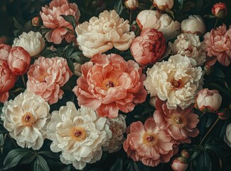 Poster - A lush arrangement of soft pink and white peonies blossoms in a tranquil garden, exuding beauty and fragrance under natural light in late spring