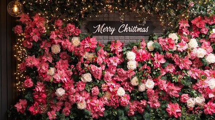 Fototapete - A vibrant display of pink and white flowers adorns a wall, with a Merry Christmas sign above, creating a festive atmosphere filled with holiday cheer