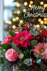 Canvas Print - A vibrant holiday bouquet featuring pink poinsettias, roses, and greenery, beautifully arranged with a cheerful Merry Christmas greeting above it