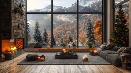 Cozy modern winter living room interior with sofa and modern fireplace in chalet with Decorated Christmas in chalet with Christmas tree light