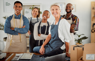 Poster - Portrait, people and fashion designer in workshop with diversity, confidence and pride for clothing in studio. Team, happiness and collaboration as professional tailor for coworking in small business