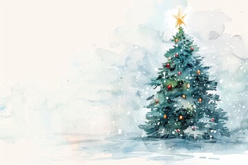watercolor christmas tree with star in snowy landscape