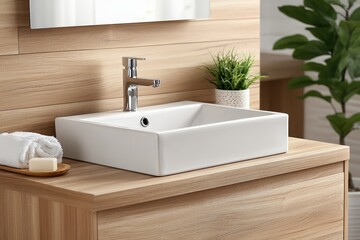 Bathroom with clean lines neutral tones and minimal accessories.