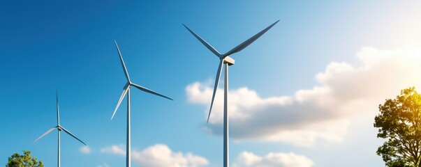 A landscape featuring several wind turbines against a clear blue sky with wispy clouds, symbolizing renewable energy and sustainable technology.