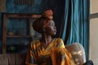 © Татьяна Евдокимова - Young black woman wearing traditional african clothes is sitting on a sofa and looking out the window