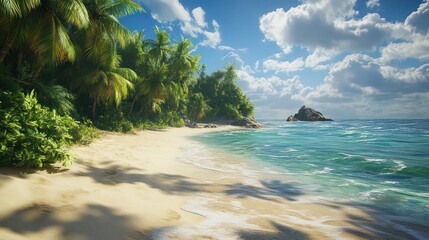 Wall Mural - Sandy tropical beach with island on background