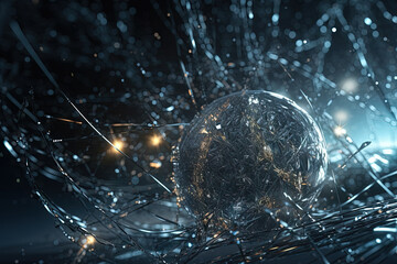 Poster - Abstract burst of wires and particles on technology background. Scientific abstraction with mess of wires.