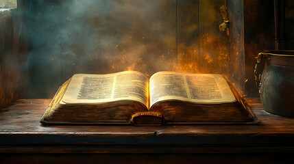 An ancient book lies open on a wooden table, surrounded by smoke.