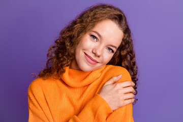 Poster - Photo of nice young girl touch shoulder wear pullover isolated on violet color background