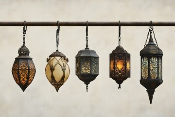 Vintage hanging lantern. Ramadan mood at night with light decoration in the background.