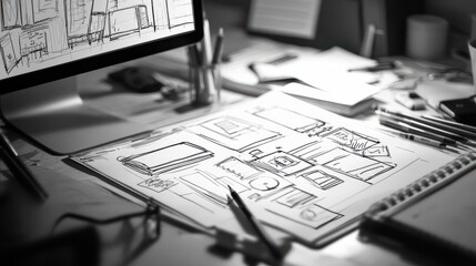 Poster - ux Graphic designer creative. sketch planning application process development prototype wireframe for web mobile phone . User experience concept.