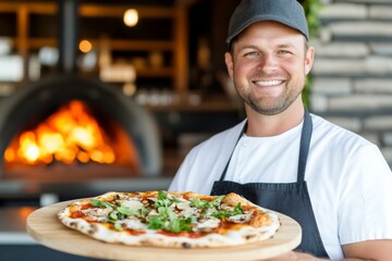 Happy chef presenting a freshly baked pizza in a cozy restaurant kitchen during daytime