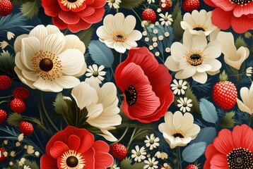 Poster - A lively arrangement of bright poppies, delicate daisies, and elegant white anemones fills the background, creating a captivating floral tapestry