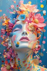 Fototapete - A mannequin bust showcases intricate designs with a variety of colorful flowers and bold patterns. The backdrop is bright blue, enhancing the artistic presentation