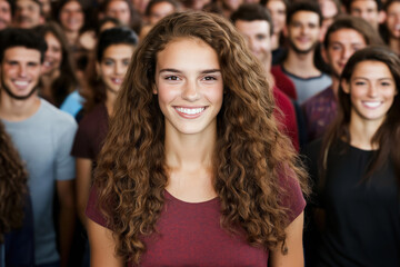 Young woman with curly hair smiles confidently among a diverse group of friends outdoors