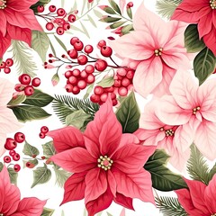 Poster - A vibrant floral design showcases red and pink poinsettias, interspersed with bright berries and green foliage, creating a festive atmosphere perfect for holiday décor