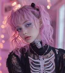 Poster - The young woman has vibrant pink hair styled in loose curls, wearing a skeleton print outfit. She stands confidently in a cozy, softly lit space adorned with twinkling lights