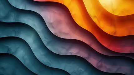 Wall Mural - Curved waves blend shades of orange, yellow, and blue, forming a captivating abstract design that evokes a sense of movement and depth