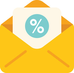 Poster - open yellow envelope containing white paper with blue percentage symbol for discount and promotion