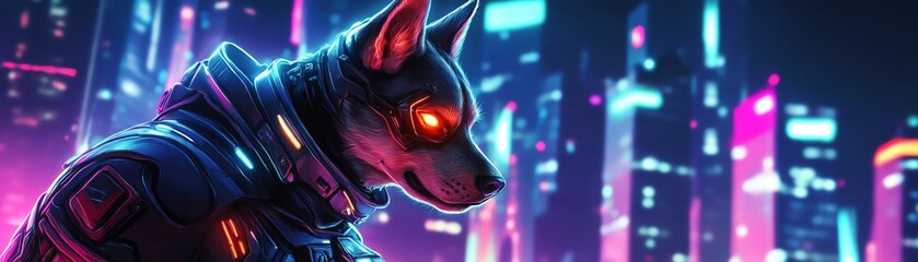 Heroic dog in futuristic armor, neon city skyline, cyberpunk style, glowing lights, intense expression, digital illustration