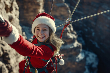 Cheerful young woman dressed as santa claus is taking a selfie while ziplining on a sunny winter day