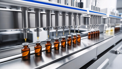 Modern Pharmaceutical Production Line Automated Machinery Filling Amber Glass Vials with Liquid, Showcasing Precision and Cleanliness in a High-Tech Industrial Setting