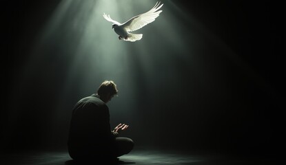 A man kneels in prayer as a white dove soars through a ray of light. Generative AI