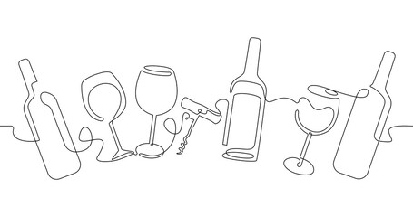 Seamless pattern with bottles and glasses of wine and corkscrew isolated on white background. Vector illustration in continuous line drawing style as element for decorating banner, website, menu.