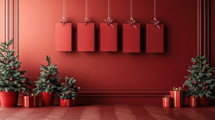 Poster - Bright red walls create a festive backdrop for two decorated Christmas trees, gift boxes, and blank tags ready for personal messages during the holiday season