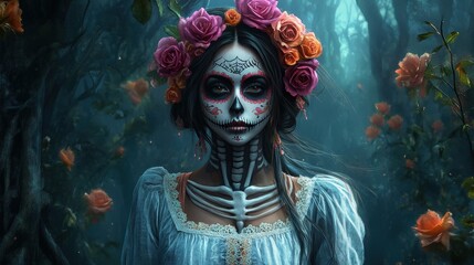 Wall Mural - Amidst an ethereal forest, a woman embodies a skeletal figure, wearing a floral crown and a vintage dress, surrounded by blooming roses under a twilight sky