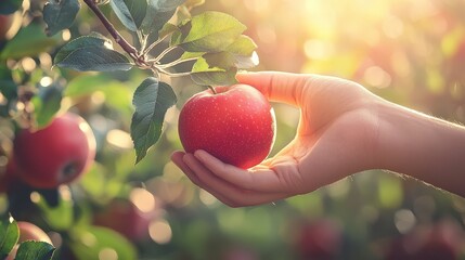 Poster - A hand reaches for a bright red apple hanging from a tree branch, surrounded by green leaves and other apples in an orchard. The sunlight adds warmth to the scene