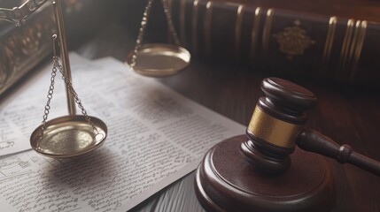 Close-up of a gavel next to legal documents and scales of justice on a desk, symbolizing law and justice.