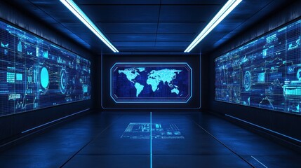 Aufkleber - Futuristic Control Room with World Map Display and Data Screens