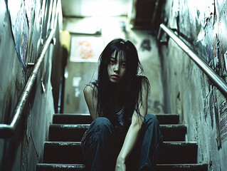 A haunting scene featuring a young woman sitting alone on a dimly lit urban staircase. The moody lighting and empty setting evoke suspense and tension, suitable for dark and thriller-themed visuals. 