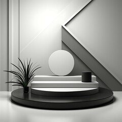 Poster - Minimalist abstract background with podiums and plant. 3d render