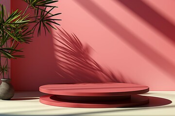 Poster - 3d render, abstract minimal scene with pink podium and palm leaves shadow