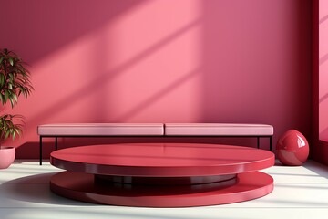 Poster - 3d render, abstract minimal scene with pink podium and palm leaves shadow