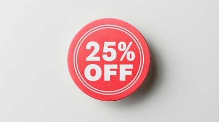 white '25% off' text on a red round paper note. white background with copy space