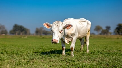 A white cow with pink nose stands in a grassy field with a blue sky in the background, looking directly at the camera.