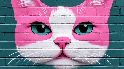 Wall Mural - A pink and white cat face graffiti on a teal brick wall.